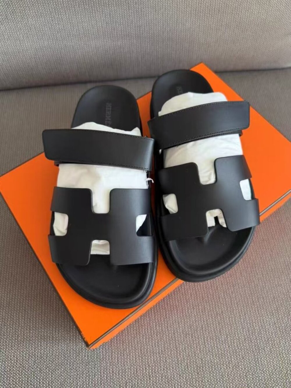 Leather Black Slide Sandals with Adjustable Strap
